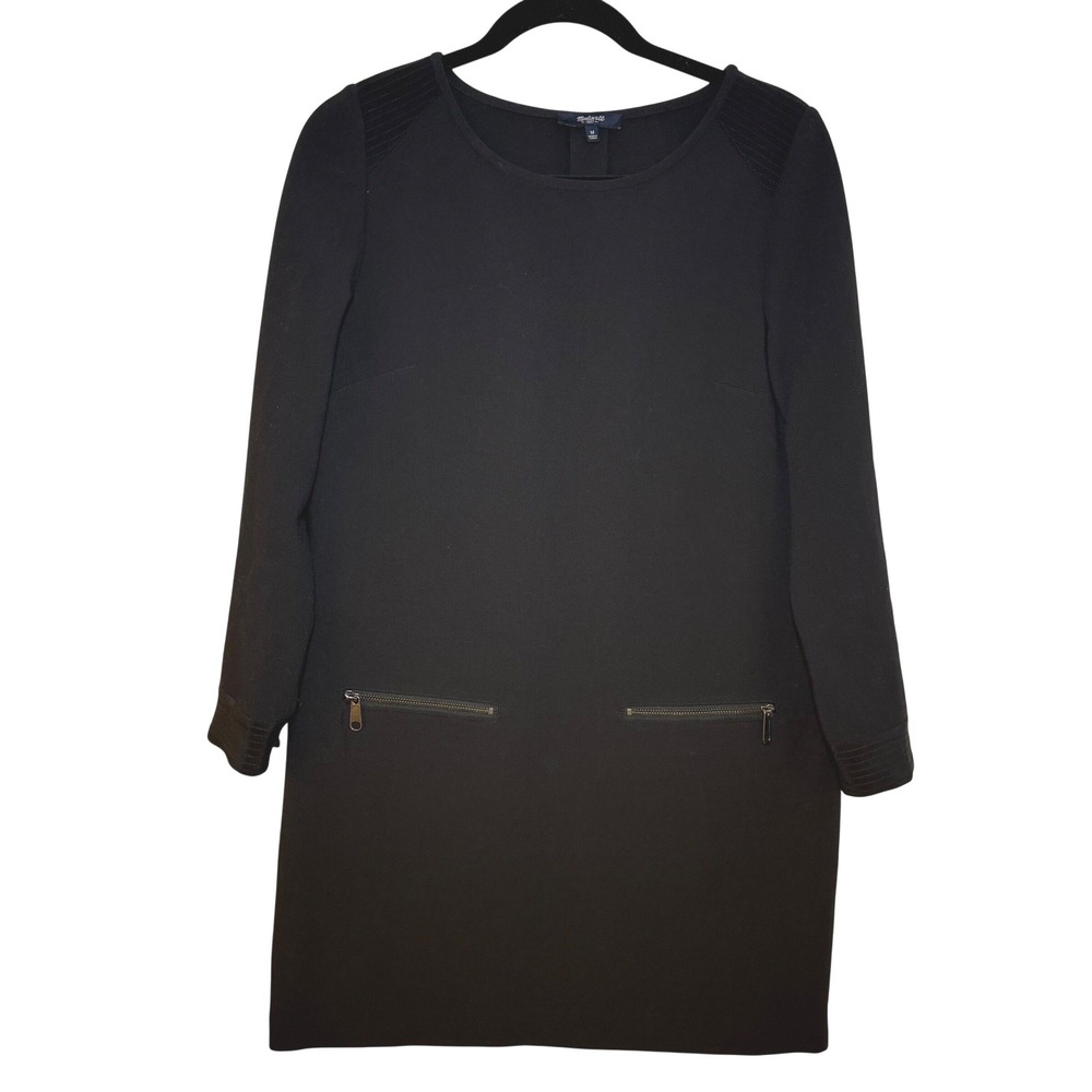 Madewell Black Long Sleeve Shift Dress with Quilted Shoulders and Zip Pockets M‎